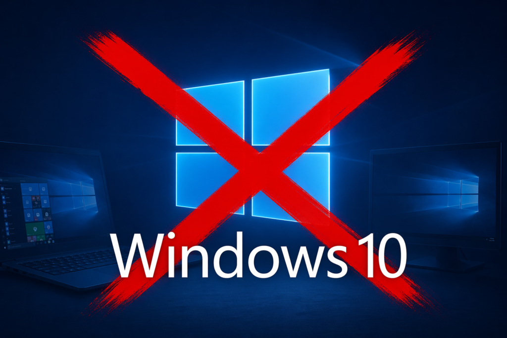 Windows 10 afbeelding met rood kruis, als illustratie bij uitleg over beveiliging, oude pc’s en juni 2026